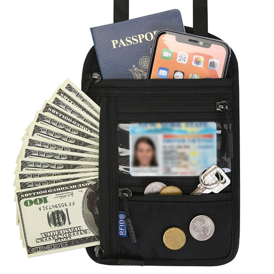 Borsa per il collo da viaggio con blocco RFID per passaporto