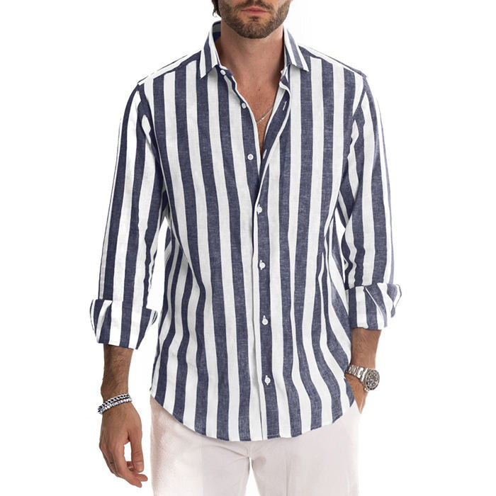 【Acquista 2 spedizione gratuita】Manica lunga button down a righe in cotone e lino da uomo-2