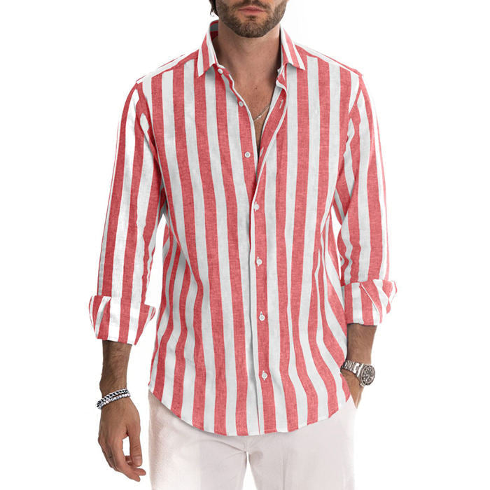 【Acquista 2 spedizione gratuita】Manica lunga button down a righe in cotone e lino da uomo-4