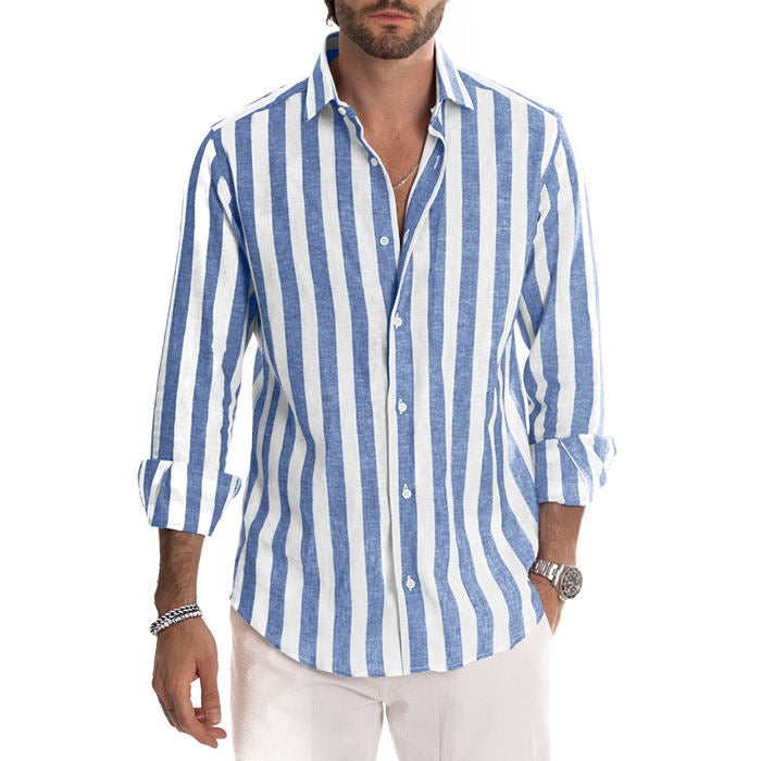 【Acquista 2 spedizione gratuita】Manica lunga button down a righe in cotone e lino da uomo-1